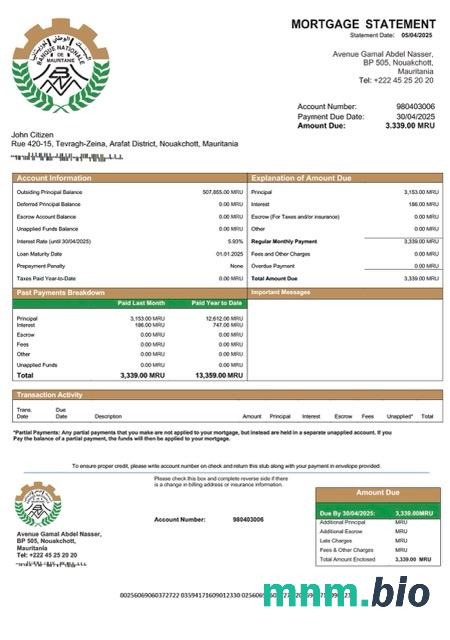 Mauretania Banque Nationale de Mauritanie (BNM) wyciąg z kredytu hipotecznego szablon Word i PDF